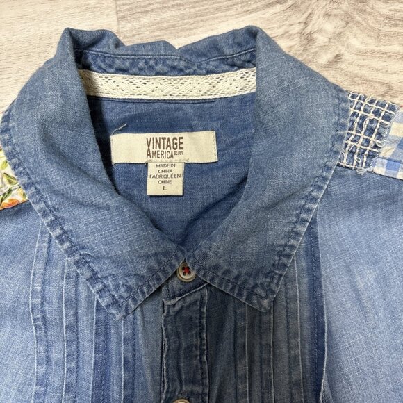 Boho Denim Patchwork Shirt Womens L Distressed Blue Applique Long Sleeve Western - Picture 8 of 10